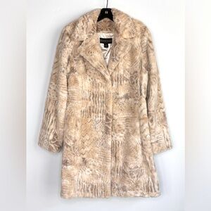 Kristen Blake Vintage Coat Cream Tan Art Print Patterned Plush Faux Fur Overcoat